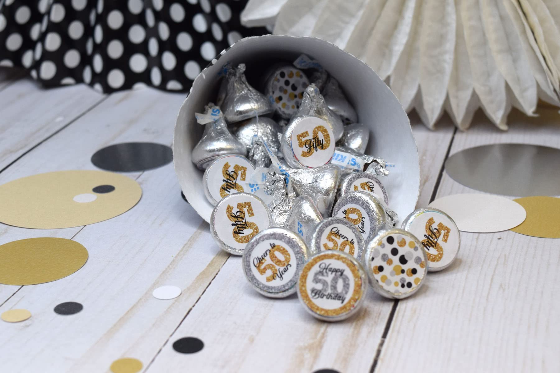 Confetti Polka Dot 50Th Birthday Party Kiss Sticker Labels, 300 Party Circle Sticker Sized 0.75    For Chocolate Drop Kisses By